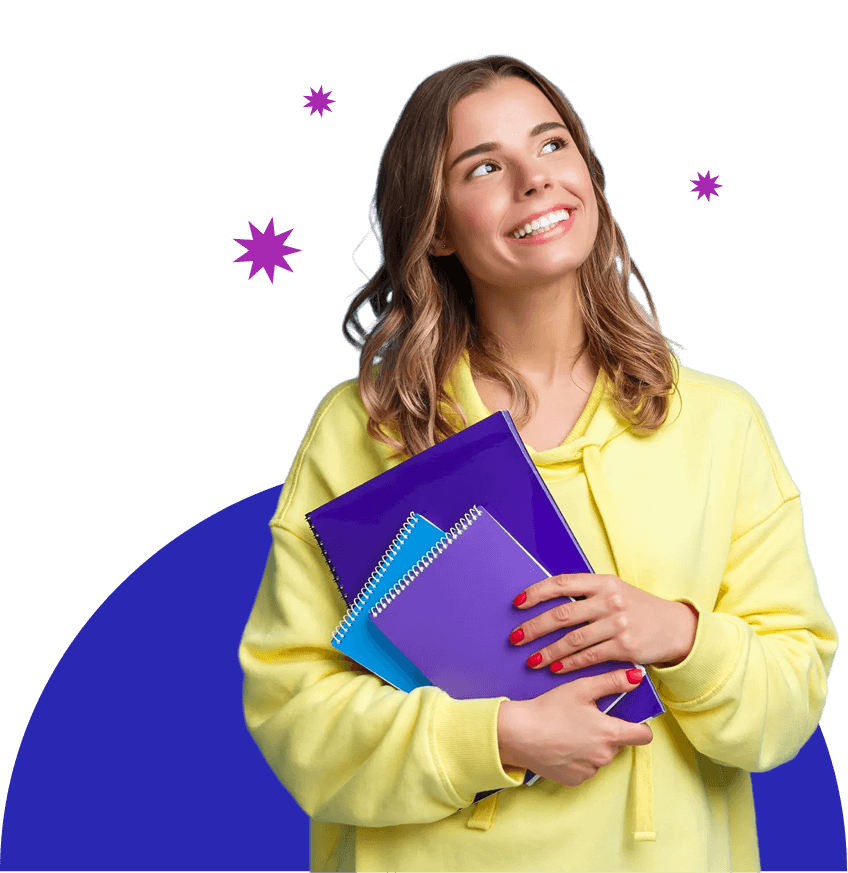 Estudante com livros olhando para cima de forma inspiradora